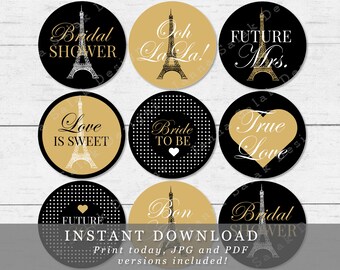 Paris Bridal Shower Cupcake Toppers Gold and Black DIY - 2" and 2.5" circles Printable INSTANT DOWNLOAD PA01