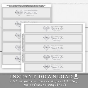Silver Heart Wedding Anniversary Water Bottle Labels Editable Text DIY Template Avery 22838 and 22845 SH01