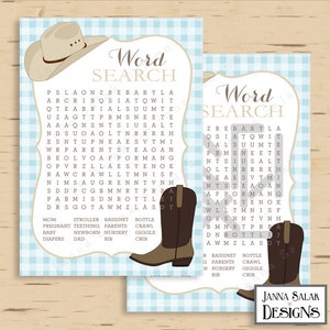 Cowboy Baby Shower Game Word Search Blue Gingham DIY Printable INSTANT DOWNLOAD CB001