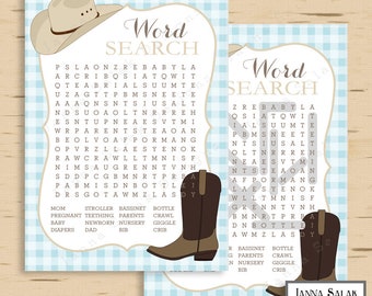 Cowboy Baby Shower Game Word Search Blue Gingham DIY Printable INSTANT DOWNLOAD CB001