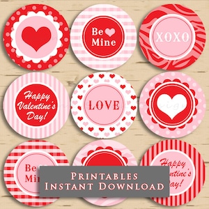 Valentine&#39;s Day Printable Cupcake Toppers Party Cute Valentine 2.5 Inch Gift Tags DIY INSTANT DOWNLOAD