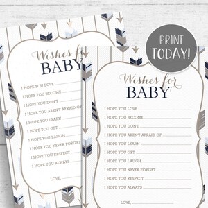 Tribal Wishes For Baby Game Printable - Boho Arrows Blue and Gray Baby Shower INSTANT DOWNLOAD TR006