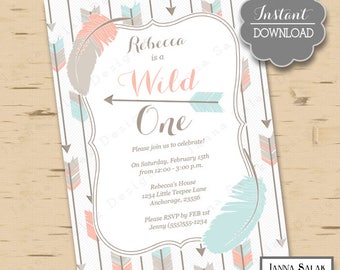 Wild One Tribal Arrow Birthday Invitation You Edit - Boho Girl First Birthday DIY INSTANT DOWNLOAD Editable Pdf TRB01