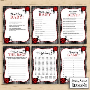 Ladybug Baby Shower 6 Games Package Red Black Girl DIY INSTANT DOWNLOAD Pdf LB01