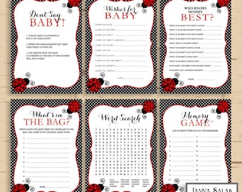 Ladybug Baby Shower 6 Games Package Red Black Girl DIY INSTANT DOWNLOAD Pdf LB01