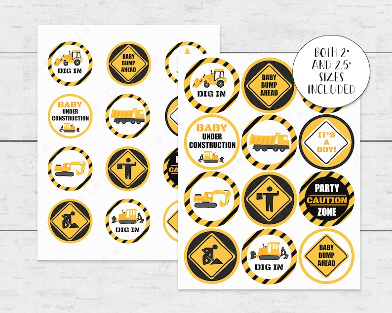 Under Construction Cupcake Toppers - 2" and 2.5" Circles Printable Baby Shower INSTANT DOWNLOAD CN01 image 2