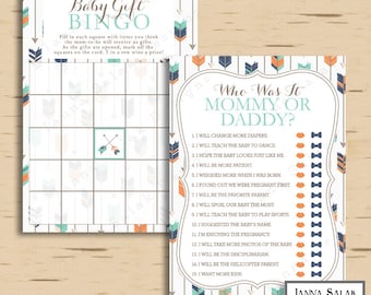 Tribal Baby Shower Games - Who Was It Mommy or Daddy? and Baby Bingo - Feathers Boy Navy Orange Green DIY INSTANT DOWNLOAD Pdf TR003
