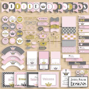 May include: Printable party decorations for a little princess birthday party. The set includes banners, cupcake toppers, photo booth props, and more. The decorations are pink, gray, and gold with a glitter finish.