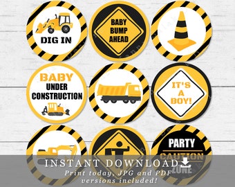 Under Construction Cupcake Toppers - 2" and 2.5" Circles Printable Baby Shower INSTANT DOWNLOAD CN01