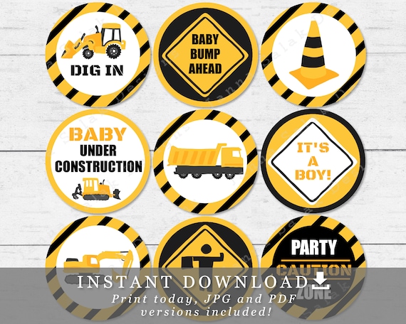 Under Construction Cupcake Toppers - 2" and 2.5" Circles Printable Baby Shower INSTANT DOWNLOAD CN01