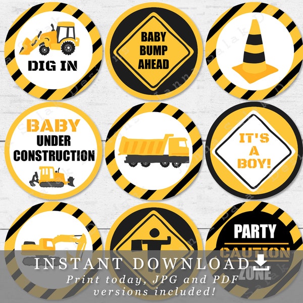 Under Construction Cupcake Toppers - 2" and 2.5" Circles Printable Baby Shower INSTANT DOWNLOAD CN01