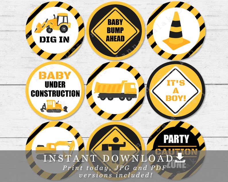 Under Construction Cupcake Toppers - 2" and 2.5" Circles Printable Baby Shower INSTANT DOWNLOAD CN01 image 1