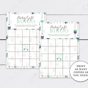 Tribal Baby Shower Game Bingo Card Arrows Feathers Boy Navy Teal Green and Gray DIY INSTANT DOWNLOAD Pdf TR005