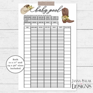 Vaquero imprimible Baby Shower Baby Pool Game Yellow Daisy Predicciones de nacimiento 11" x 17" y 24" x 36" Póster País DESCARGA INSTANTÁNEA CG01