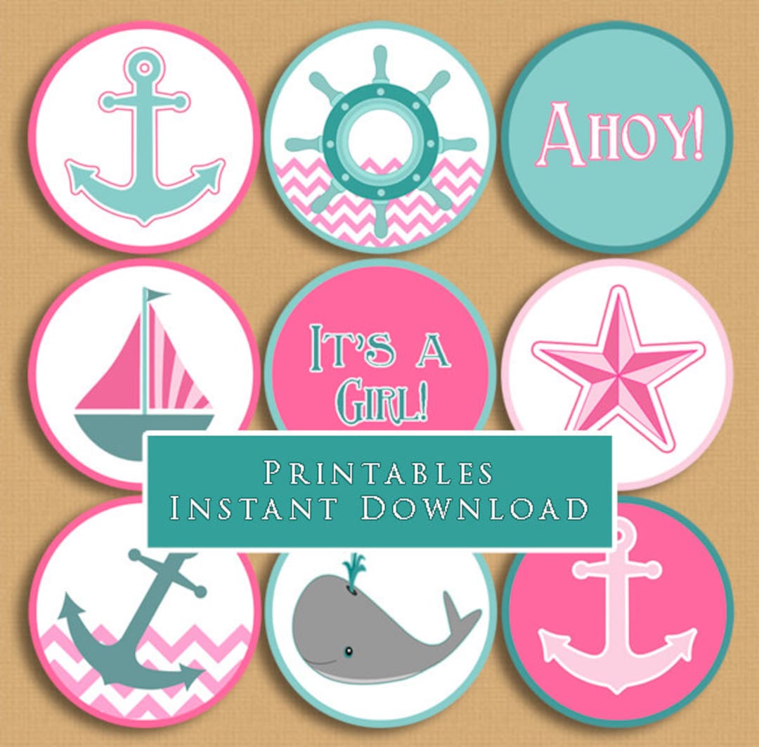 Nautical Theme Printable Cupcake Toppers Pink and Aqua Baby Shower Girl ...