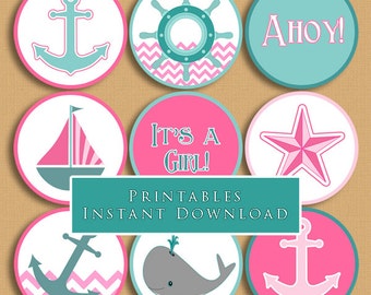Nautical Theme Printable Cupcake Toppers Pink and Aqua Baby Shower Girl DIY Printable INSTANT DOWNLOAD
