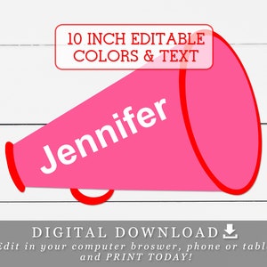Megáfono de 10" para animadoras con colores y nombres editables. Plantilla DIY imprimible.