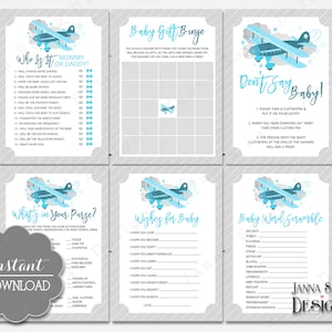 Airplane Baby Shower 6 Games Package Printable Blue and Gray Boy DIY INSTANT DOWNLOAD Pdf AR01