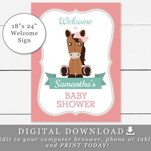 Horse Girl Baby Shower Welcome Printable Poster Sign Template 18x24&quot; DIY with Editable Text HR01