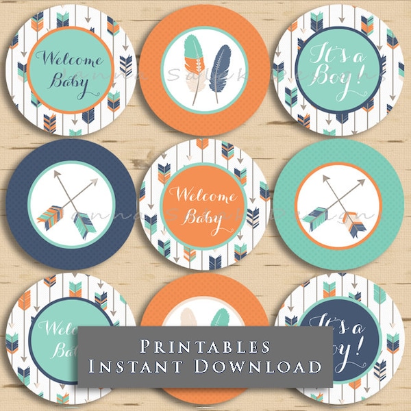 Tribal Arrow Baby Shower Cupcake Toppers - It's a Boy- Navy Blue Orange Teal DIY Printable INSTANT DOWNLOAD TR003