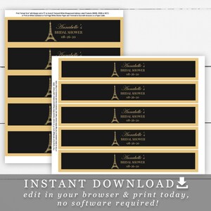 Paris Bridal Shower Water Bottle Labels Editable Text Gold and Black PA01 DIY Template Avery 22838 and 22845