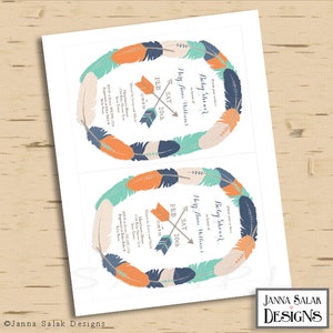 May include: A baby shower invitation with a teal, orange, and navy blue feather design. The text reads "Baby Shower" in honor of "Mary Anne Williams" on "Feb Sat 20th".
