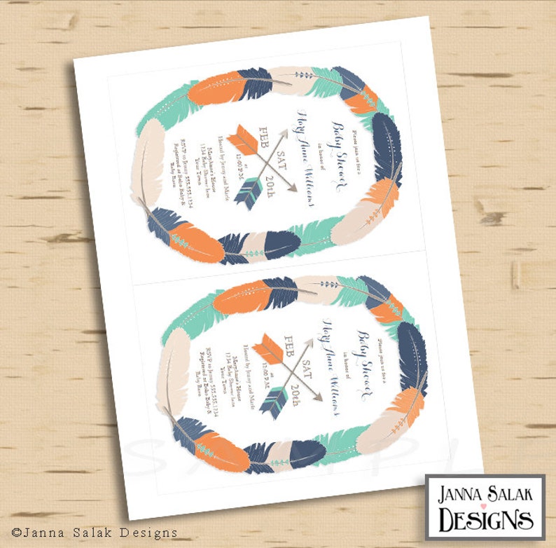 May include: A baby shower invitation with a teal, orange, and navy blue feather design. The text reads "Baby Shower" in honor of "Mary Anne Williams" on "Feb Sat 20th".