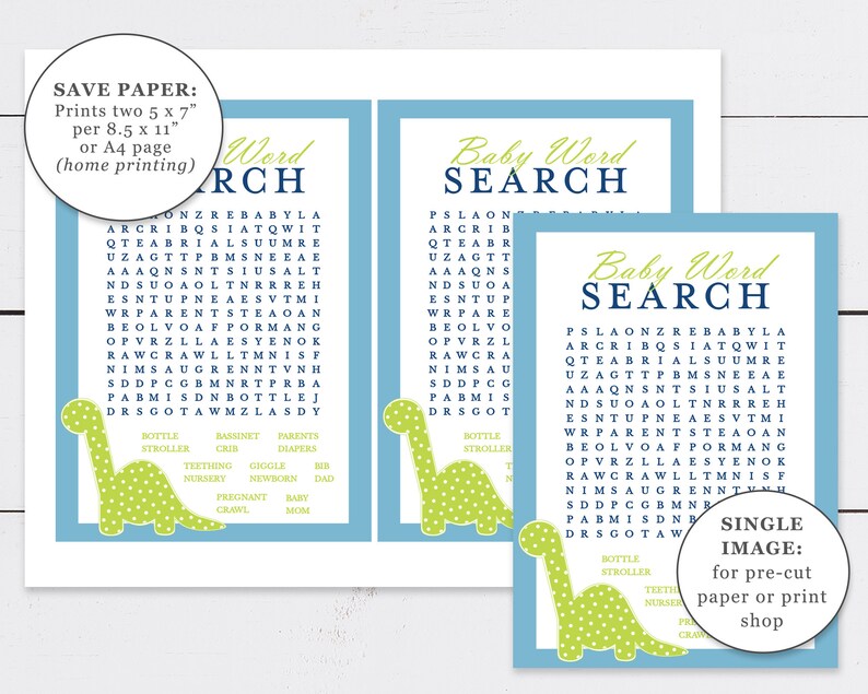 dinosaur baby shower word search game printable dino blue etsy