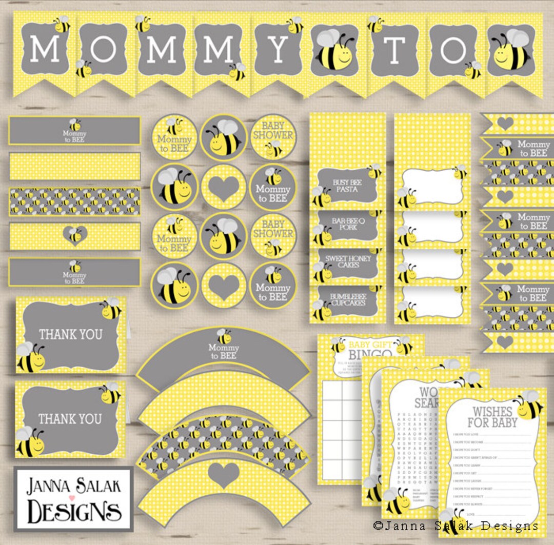 Mommy to Bee Baby Shower PRINTABLE Party Package Yellow and Grey Diy ...
