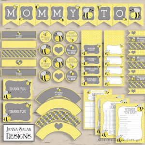 Mommy to Bee Baby Shower PRINTABLE Party Package Yellow and Grey Diy INSTANT DOWNLOAD Pdf BEE001 ...