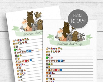 Woodland Baby Book Emoji Pictionary Game Printable - Forest Animals Baby Shower INSTANT DOWNLOAD WL01