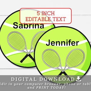Plantillas para hacer pelotas de tenis de 5" con nombres y raquetas editables Etiquetas imprimibles