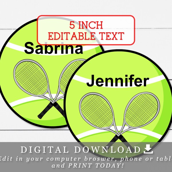 5" Tennis Balls With Editable Names and Rackets DIY Template Printable Tags