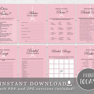 Paris Bridal Shower Games Package - 8 Printable Games - Pink and Black DIY INSTANT DOWNLOAD Pdf PA02