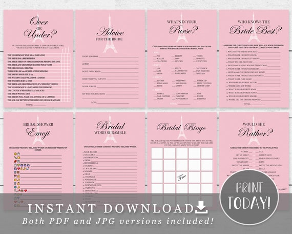 Paris Bridal Shower Games Package 8 Printable Games Pink | Etsy
