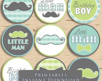 Little Man Birthday Cupcake Toppers Green and Blue Mustache Party Printables Mustache DIY Printable INSTANT DOWNLOAD LMB05