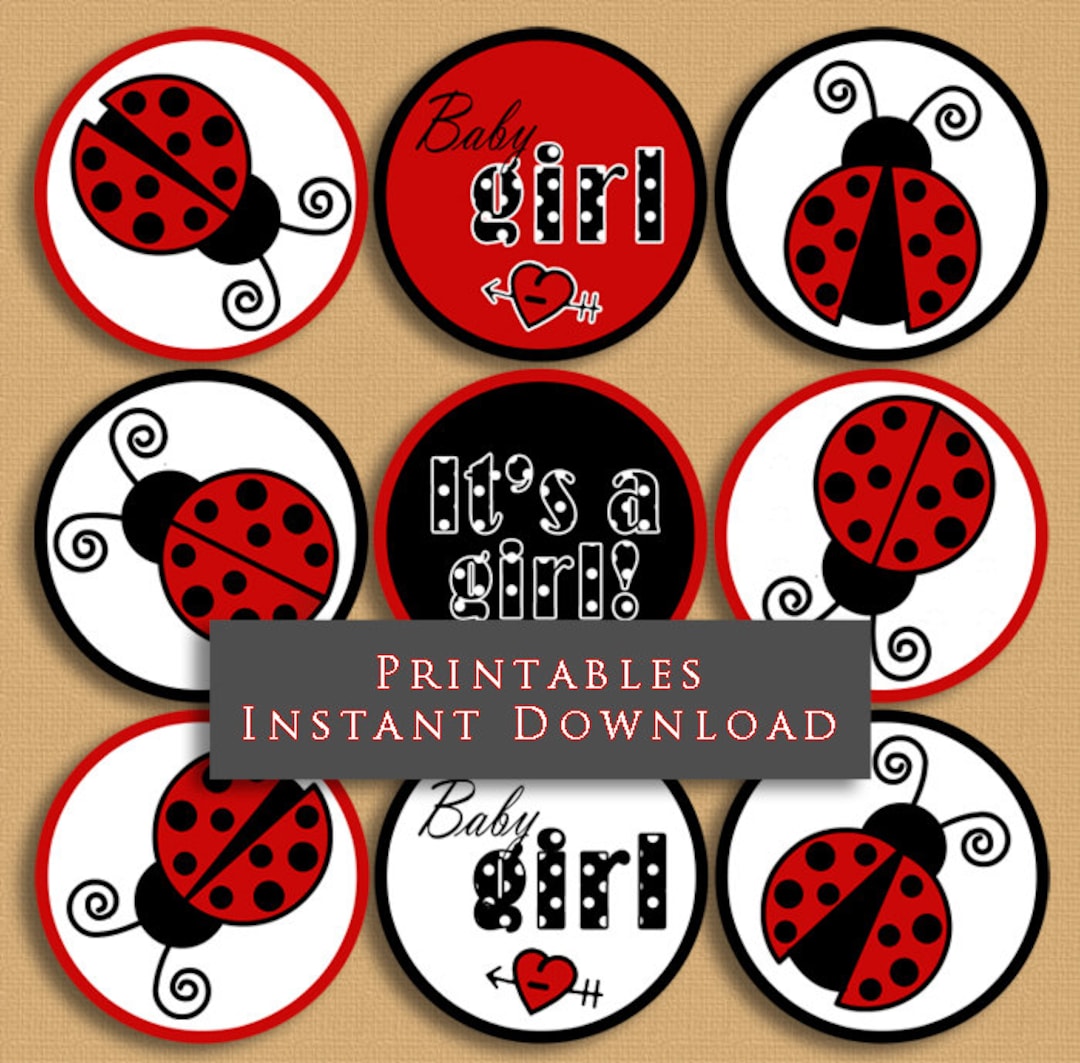 Ladybug Baby Shower Cupcake Toppers Party Printables Red and Black DIY