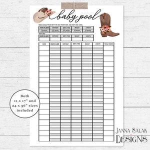 Vaquero imprimible Baby Shower Baby Pool Game Pink Floral Birth Predictions 11" x 17" y 24" x 36" Póster País DESCARGA INSTANTÁNEA CG02