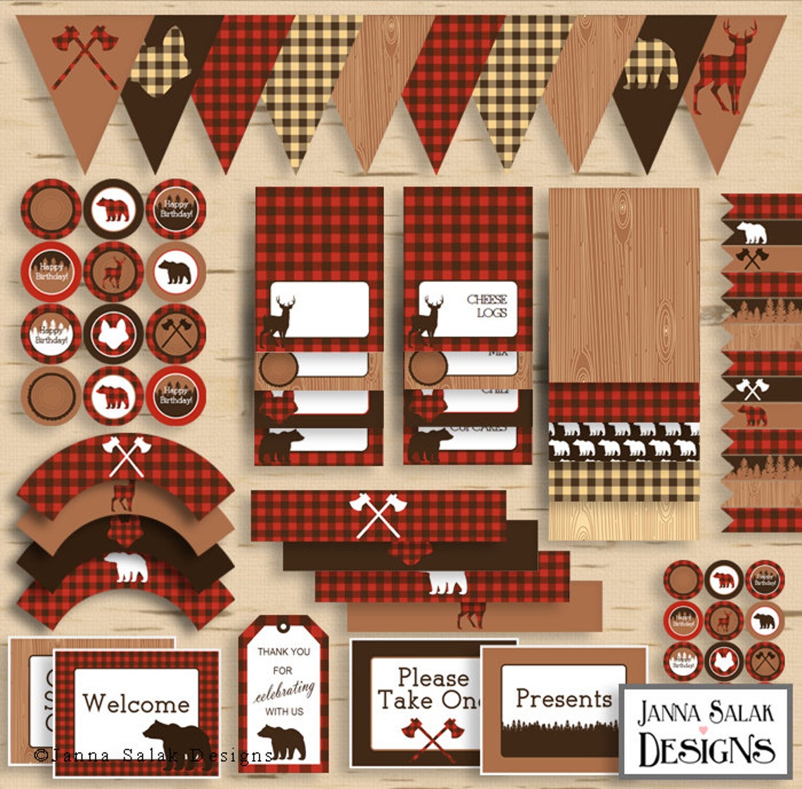 Lumberjack Birthday PRINTABLE Party Package Decorations Red | Etsy