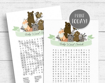 Woodland Baby Shower Word Search Game Printable - Hand-drawn Forest Animals INSTANT DOWNLOAD WL01