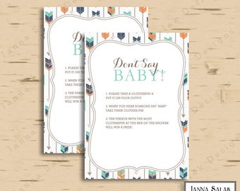 Tribal Baby Shower Games - Don't Say Baby - Boho Arrows and Feathers Boy DIY INSTANT DOWNLOAD Pdf TR003