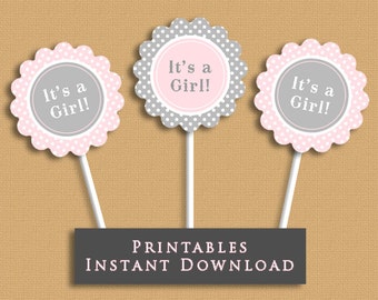 It's a Girl! Baby Shower Printable Cupcake Toppers Pink and Gray Grey Party Gift Tags DIY INSTANT DOWNLOAD