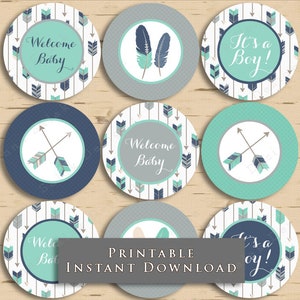 Tribal Arrow Baby Shower Cupcake Toppers Blue Gray and Teal Green DIY Printable INSTANT DOWNLOAD TR005