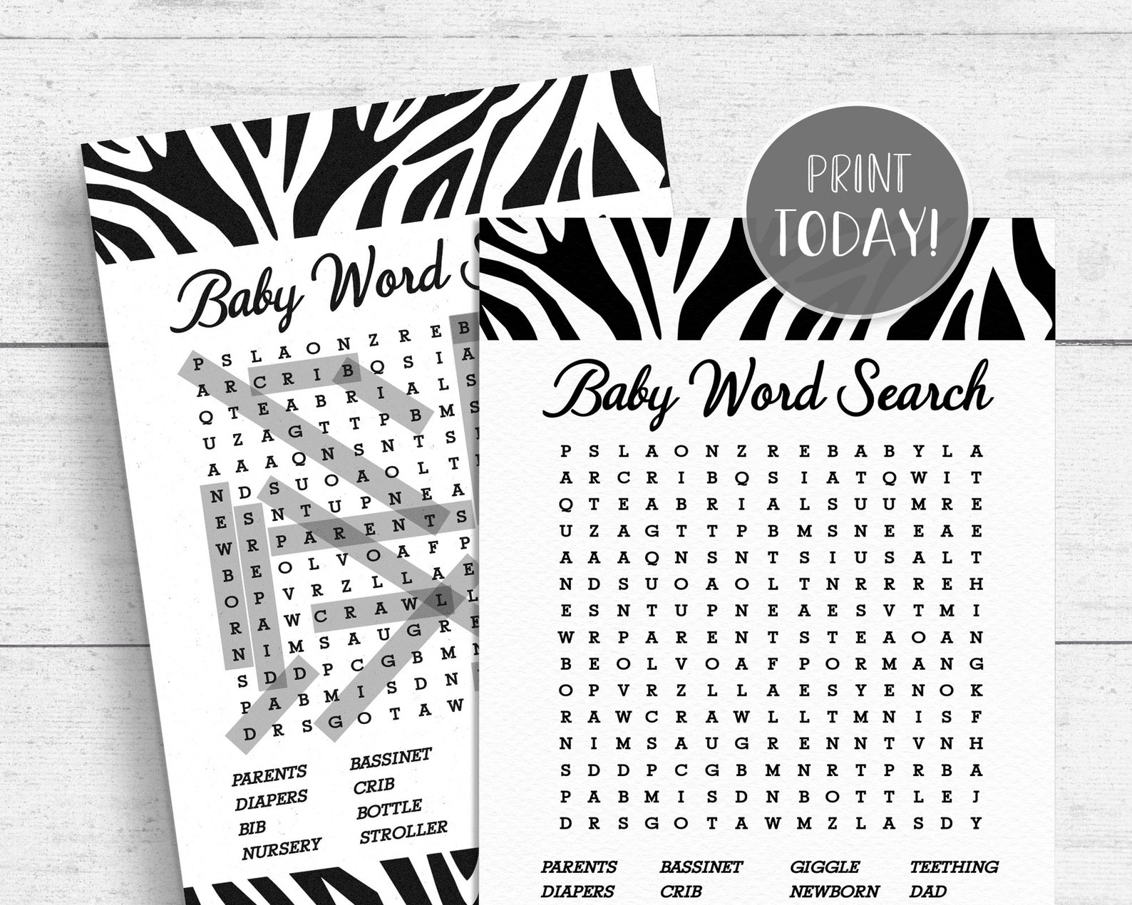 Zebra Print Baby Shower Word Search Game Printable Black and | Etsy