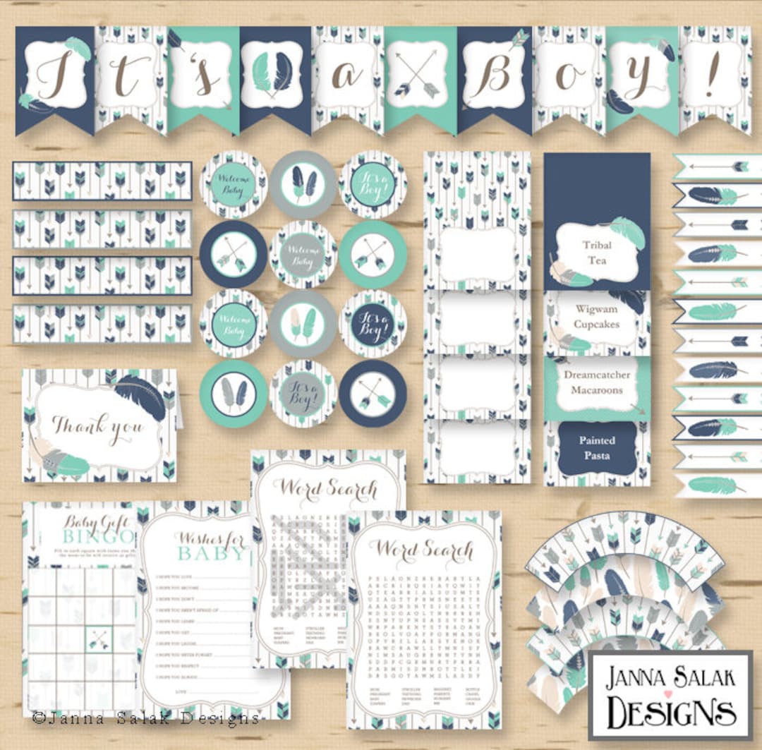 Tribal BOY Baby Shower Printable Party Package Boho Arrows and Feathers ...