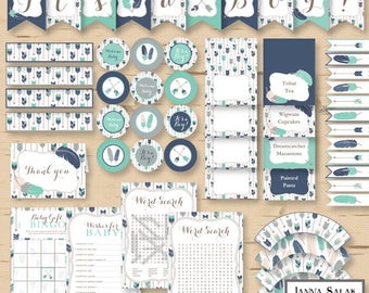 Tribal BOY Baby Shower Printable Party Package Boho Arrows and Feathers Navy Grey Teal Green Diy INSTANT DOWNLOAD Pdf TR005