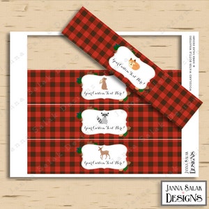Editable Woodland Baby Shower or Birthday Water Bottle Labels Lumberjack Buffalo Plaid Printable INSTANT DOWNLOAD WC001