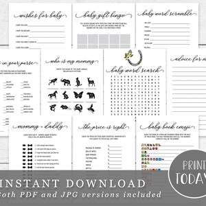Modern Baby Shower Game Package Printable Simple Script Black and White - 10 Games - INSTANT DOWNLOAD MD01