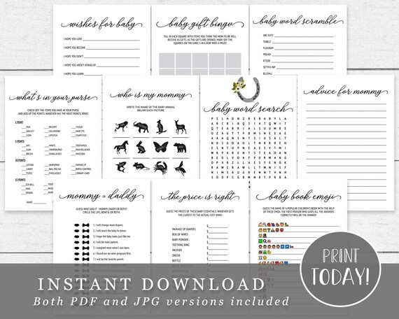 Modern Baby Shower Game Package Printable Simple Script Black - Etsy