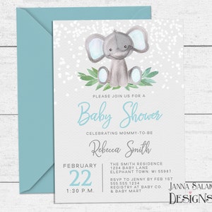 Elephant Baby Shower Invitation Template Boy Cute Watercolor 5x7 Printable Invite DIY EL03